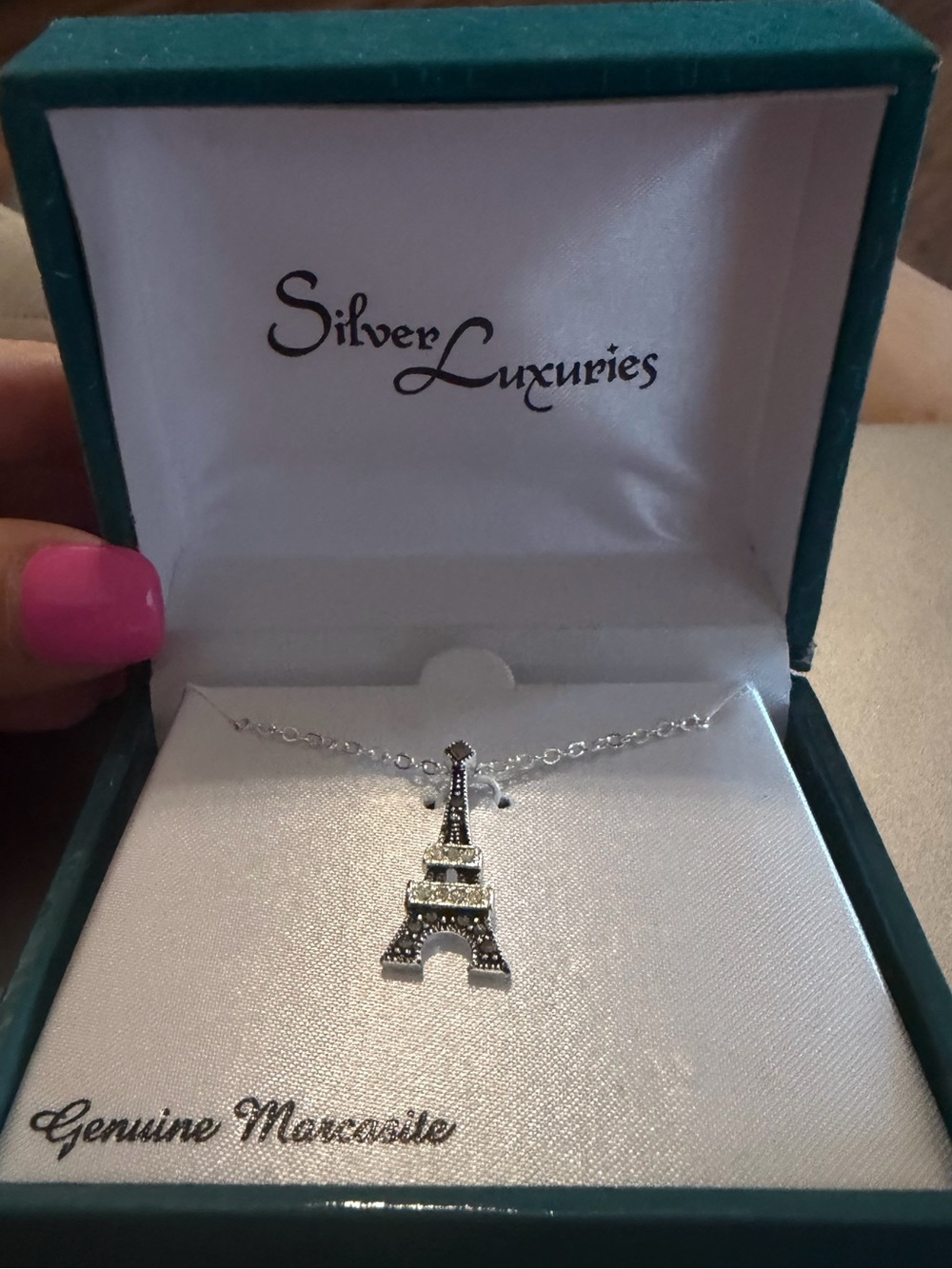 Silver Eiffel Tower Marcasite Pendant Necklace with Box - New